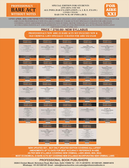 NEW SYLLABUS PROFESSIONAL'S AIBE 23 Bare Acts set without Notes, Set of 23 Books Combo as per Bar Council of India Guidelines covering New Criminal Laws/ Latest amendments- Economy Edition