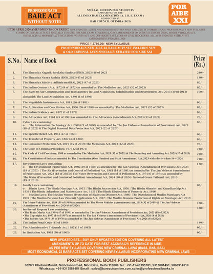 NEW SYLLABUS PROFESSIONAL'S AIBE 23 Bare Acts set without Notes, Set of 23 Books Combo as per Bar Council of India Guidelines covering New Criminal Laws/ Latest amendments- Economy Edition