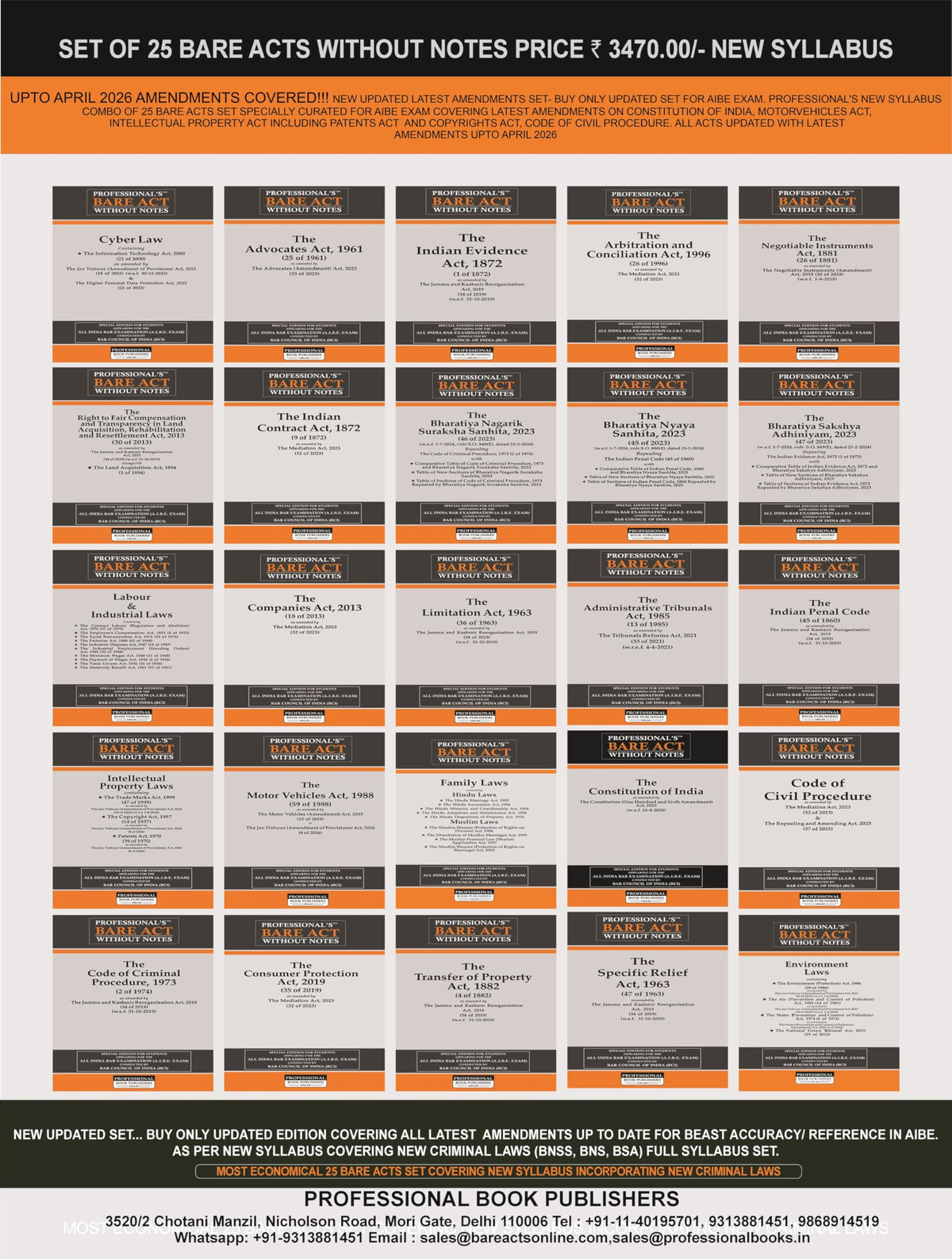 PROFESSIONAL'S AIBE Exam 25 Bare Acts Set without Notes as per New Syllabus, Complete Set of 25 Books Combo as per Bar Council of India Guidelines ... Criminal Laws & Full Syllabus Economy Edition
