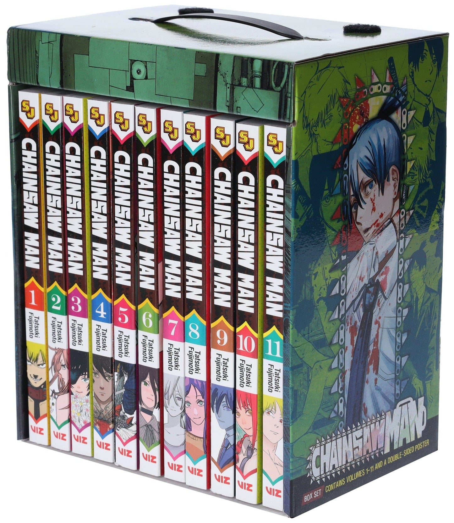 Collection of 'Chainsaw Man' manga volumes with a prominent cover featuring a character.